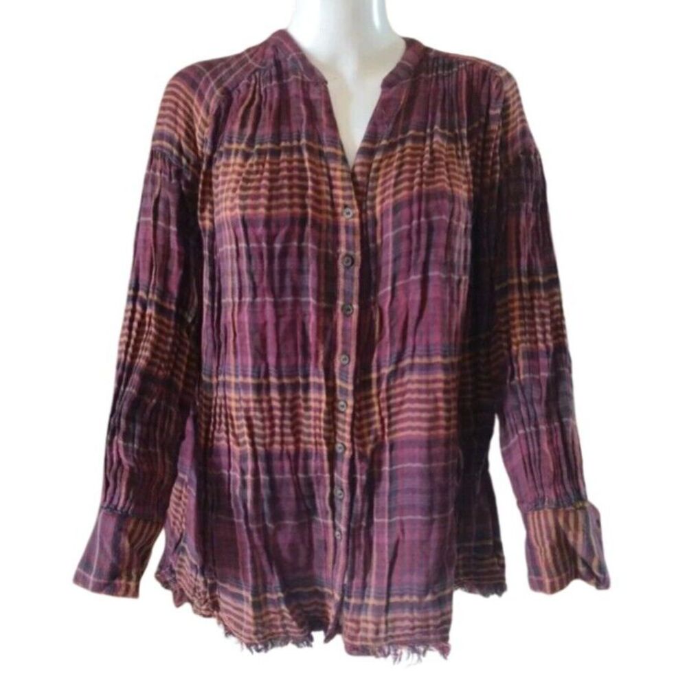Free People Blouse Women XS Multicolor Long Sleeve Oversized Plaid Distressed